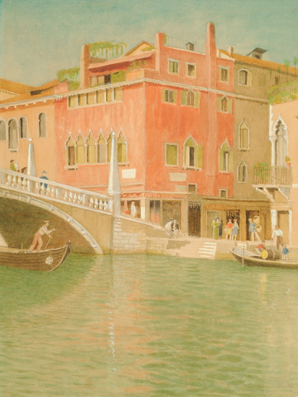 a painting of a city with a bridge over a river