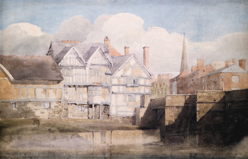 a painting of a city with buildings and a bridge