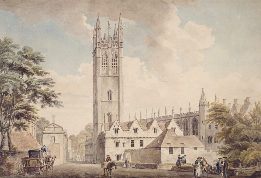 a painting of a church with a horse and buggy in the foreground