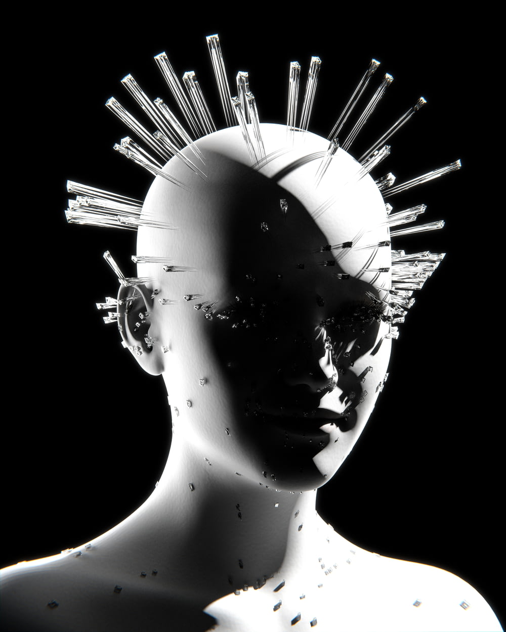 a black and white photo of a woman's head with spikes on it