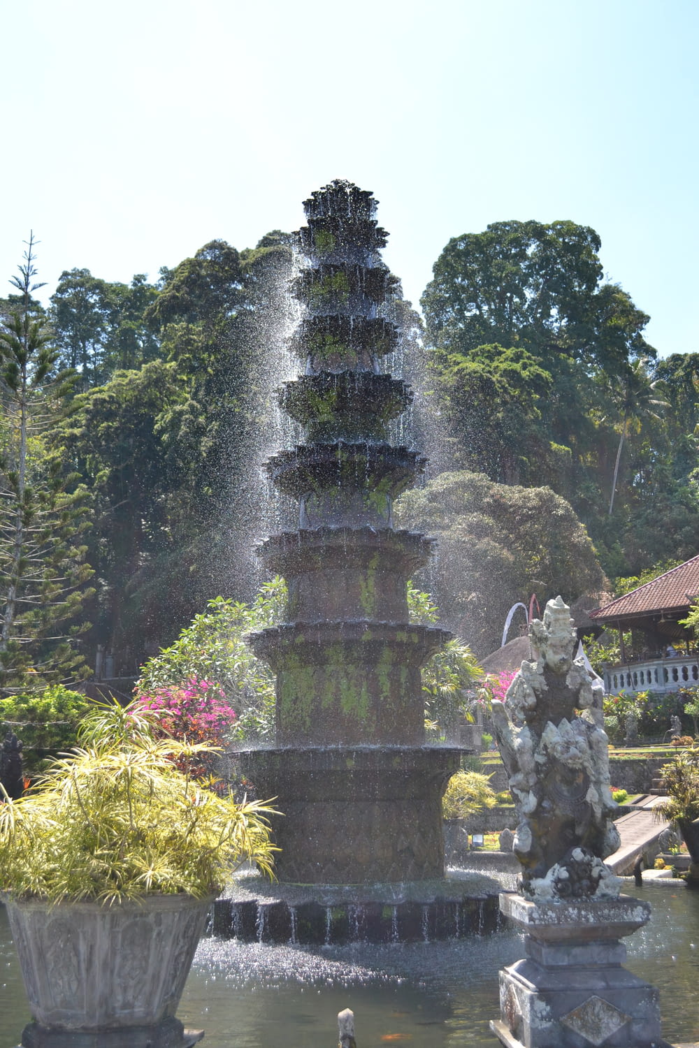 a water fountain surrounded by plants and trees