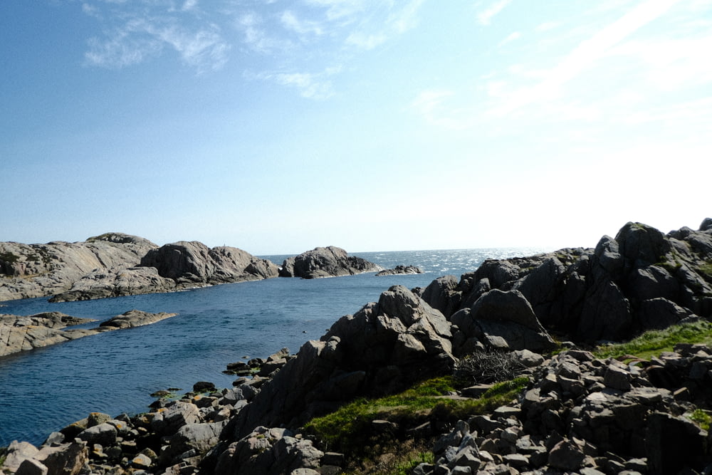 a body of water surrounded by rocks and grass