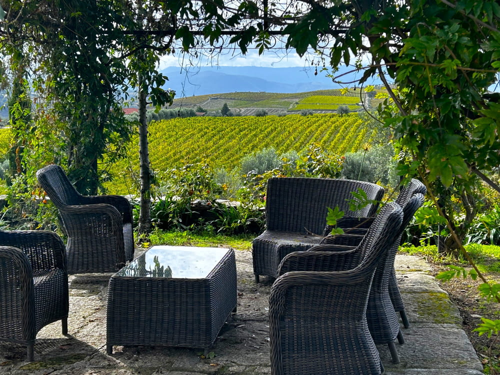 a patio with wicker furniture and a view of a vineyard