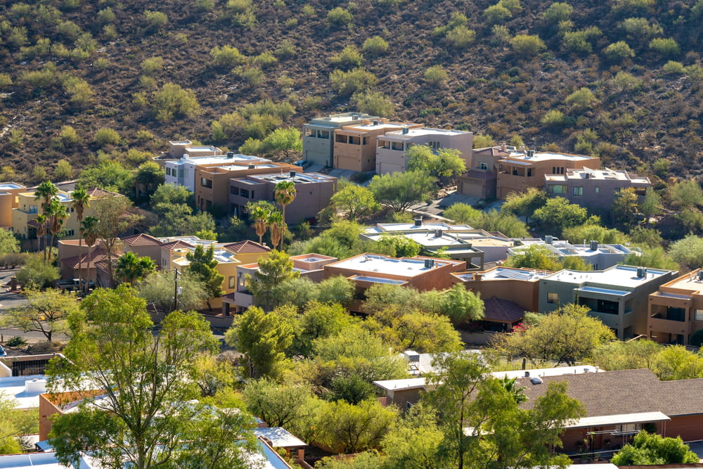 a view of a hillside with houses and trees