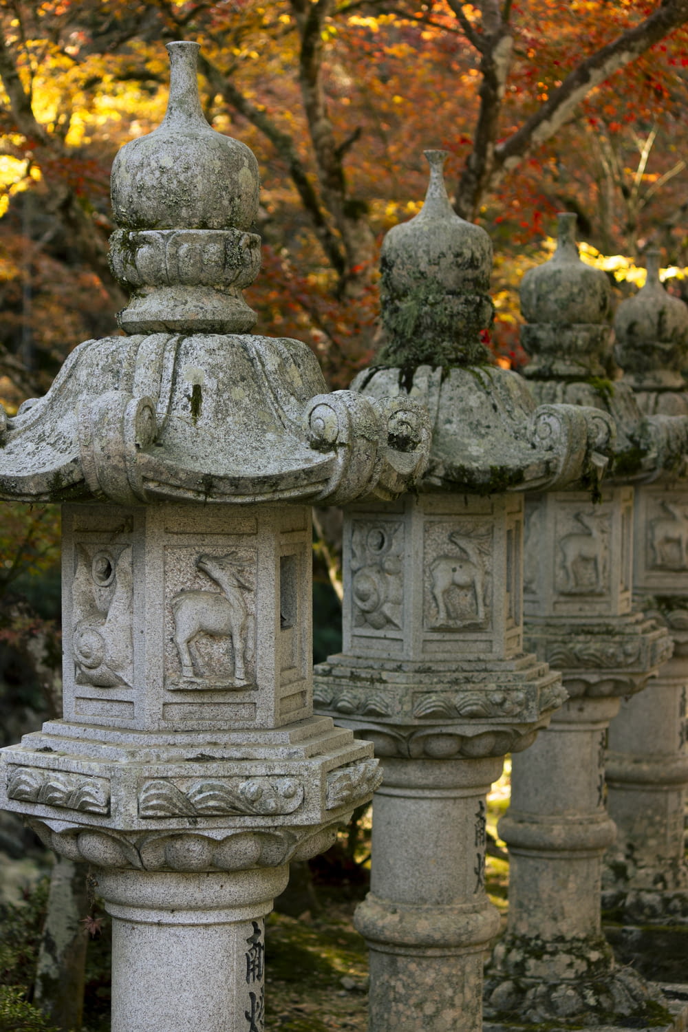 a row of stone pillars in front of a tree