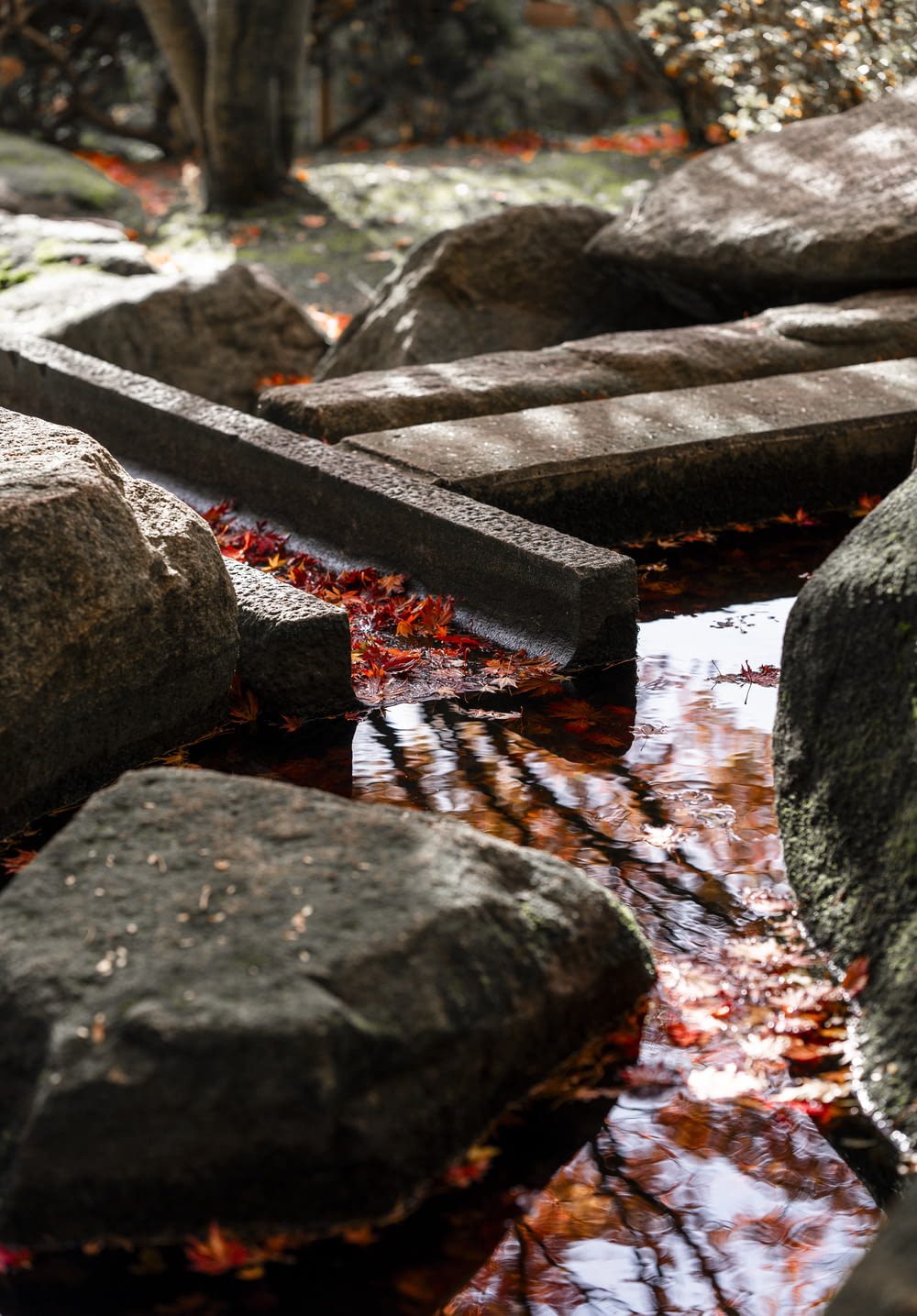 a wooden bench sitting on top of a river next to rocks