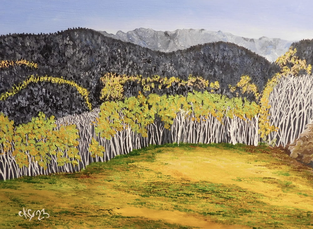 a painting of a forest with mountains in the background