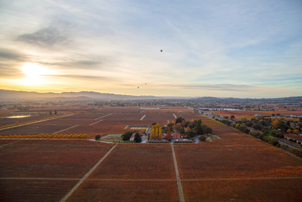 an aerial view of a field with a hot air balloon in the sky