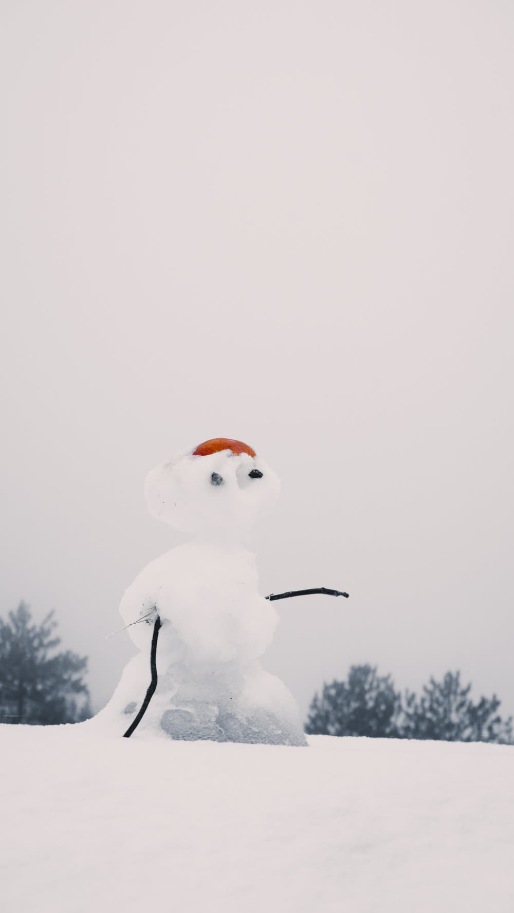 a snowman with a red hat is in the snow