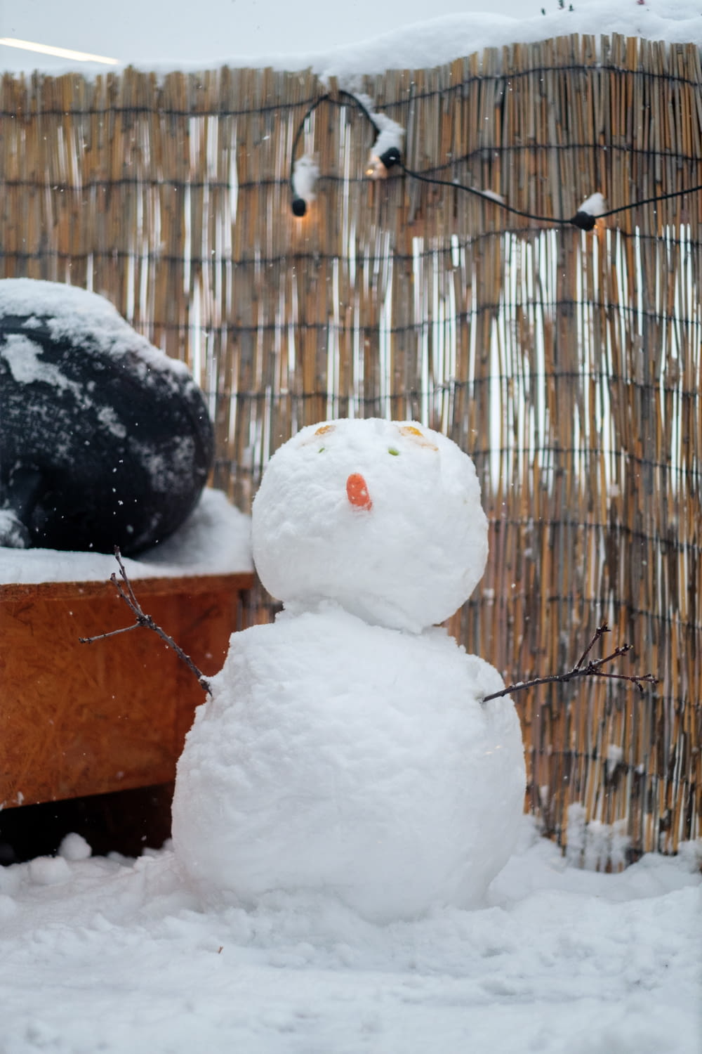 a snowman in front of a bamboo fence