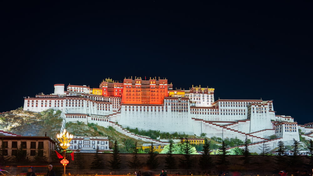a night view of the potala palace in tibet