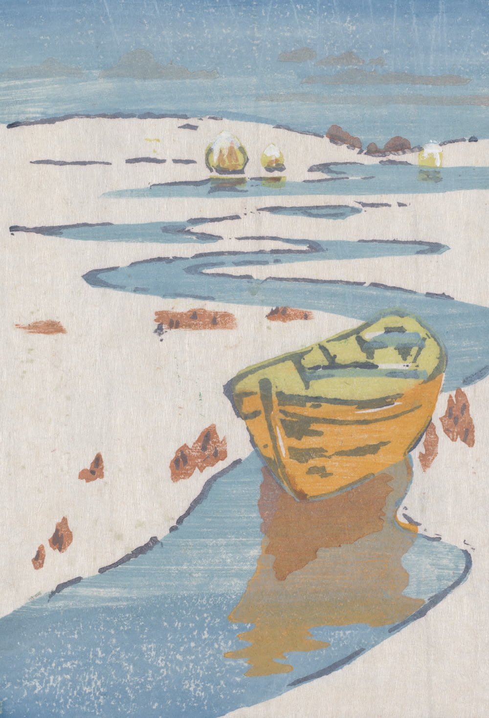 a painting of a yellow boat on a beach