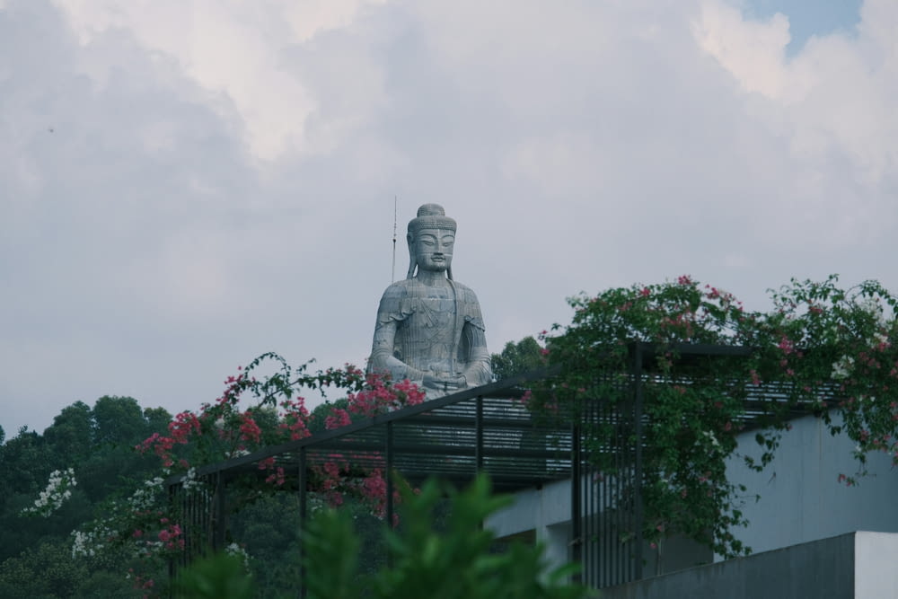 a large buddha statue sitting on top of a building