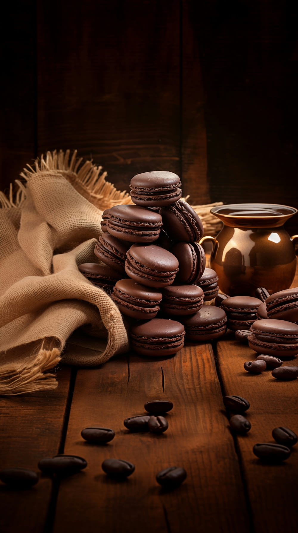 a stack of chocolate macaroons sitting on top of a wooden table