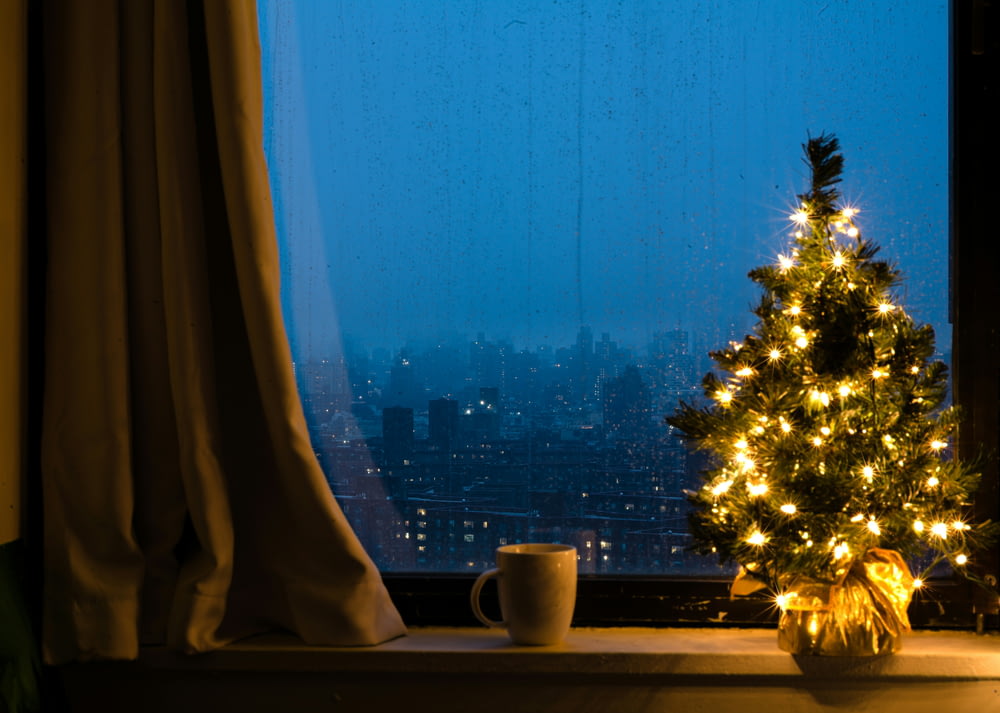 a lit christmas tree in front of a window