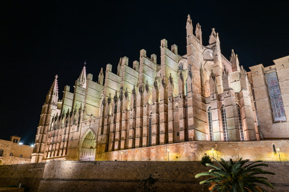 a large cathedral lit up at night time