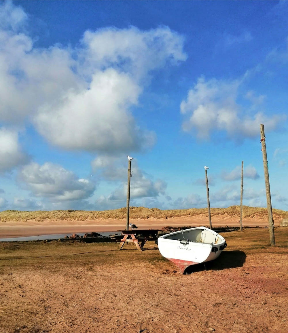 a white boat sitting on top of a dry grass field