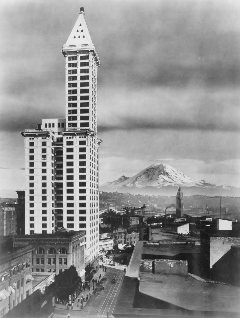 L.C. Smith Building (Pioneer Building), Seattle, Washington, with Mount Rainier in the background
