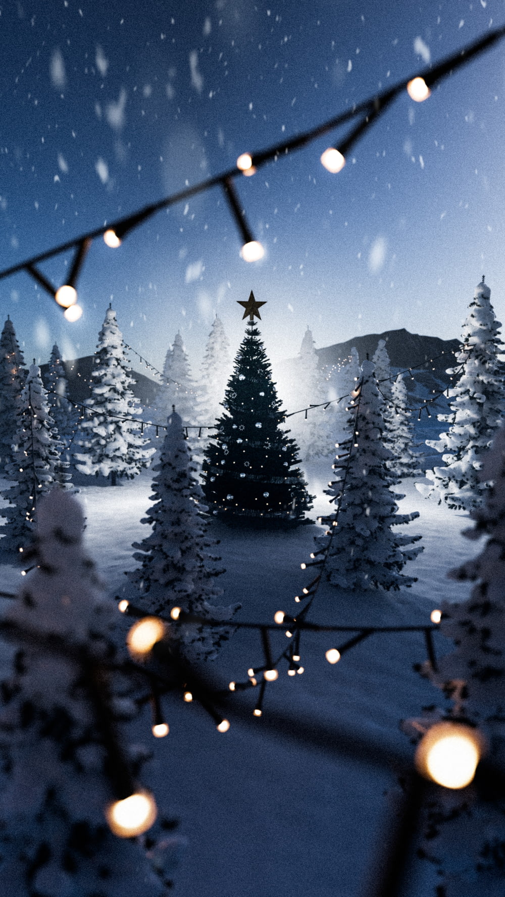 a snowy landscape with christmas trees and lights