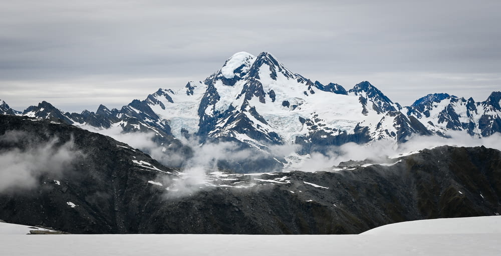 a snow covered mountain range with clouds in the foreground