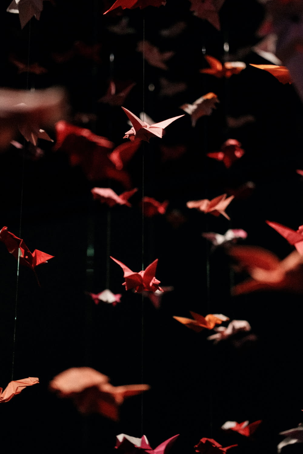 a group of red origami birds hanging from strings
