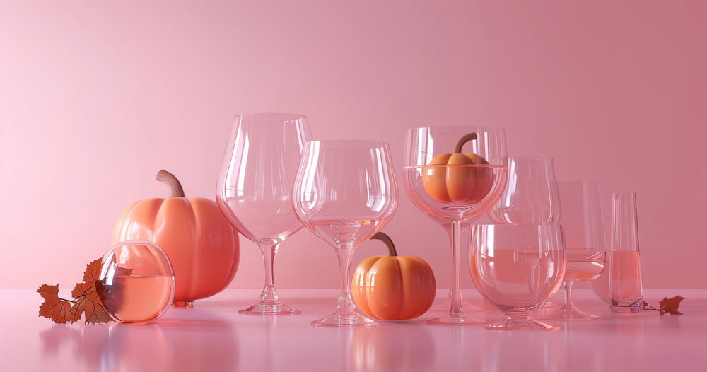 a table topped with lots of wine glasses and pumpkins