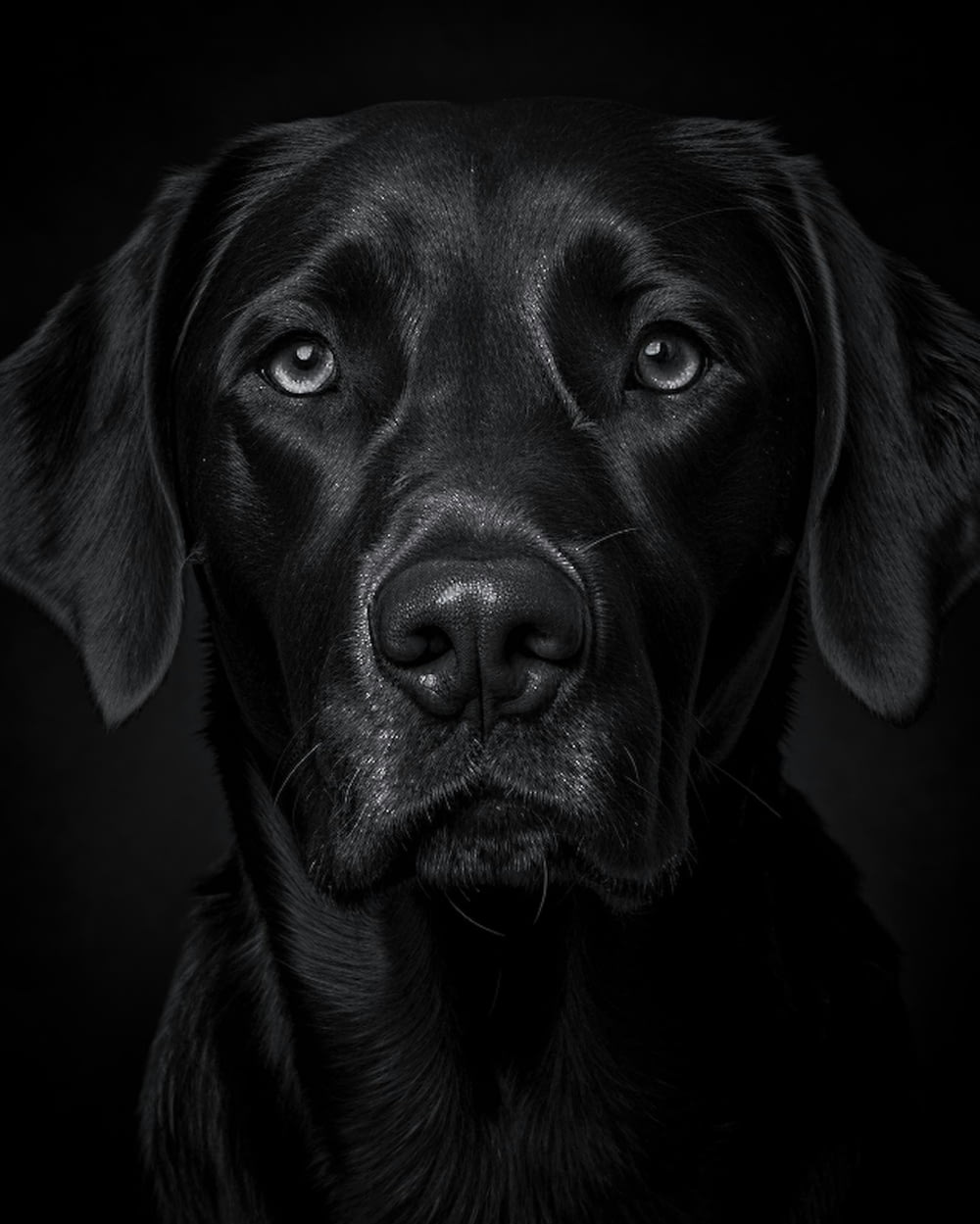 a close up of a black dog's face