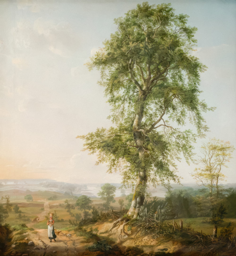 a painting of a woman standing next to a tree