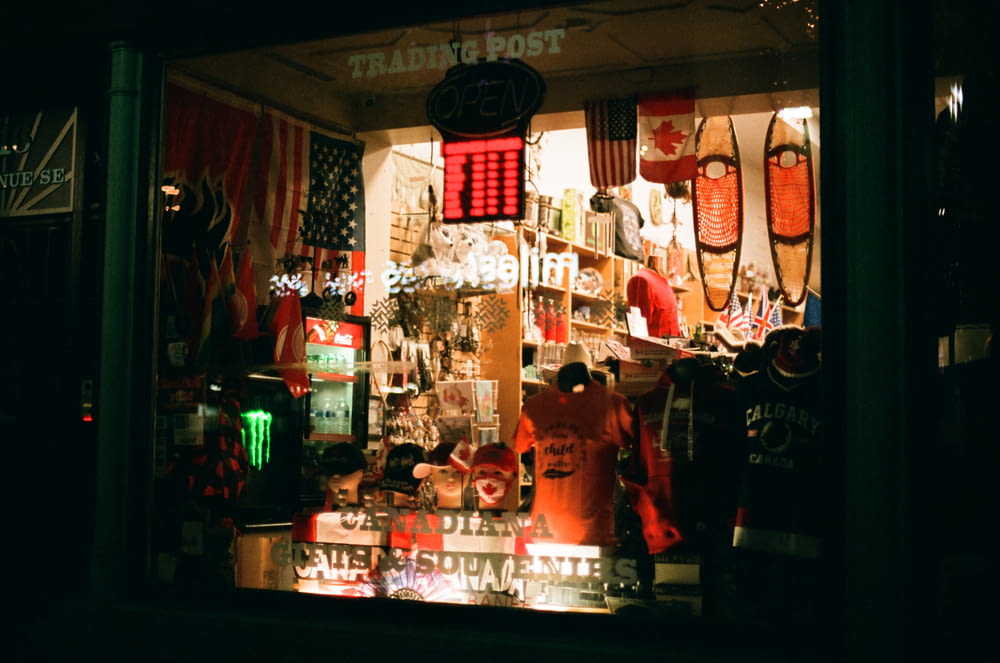a store window with a lot of items in it