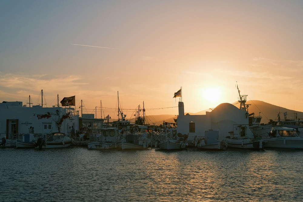 a group of boats sitting in a harbor at sunset