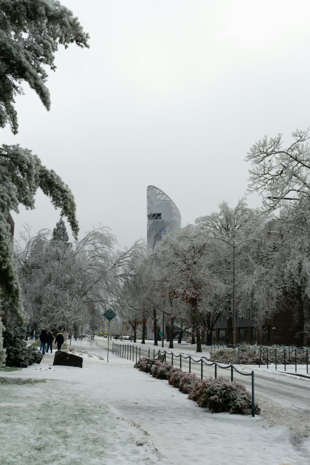 a snow covered park with a building in the background