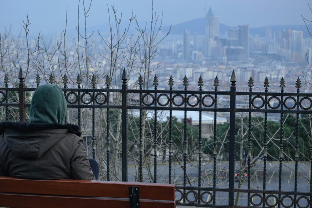 a person sitting on a bench looking out over a city