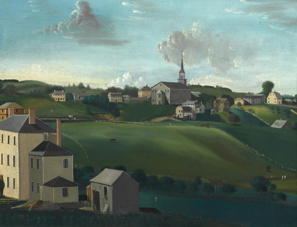 a painting of a rural landscape with houses and a church
