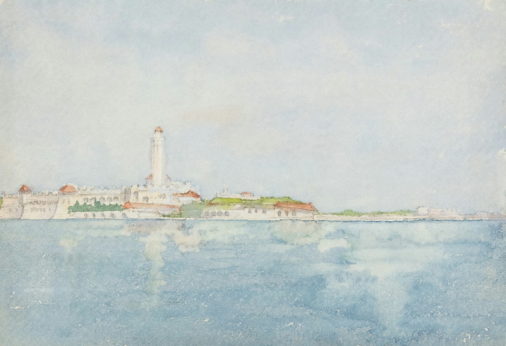 a painting of a lighthouse on a small island