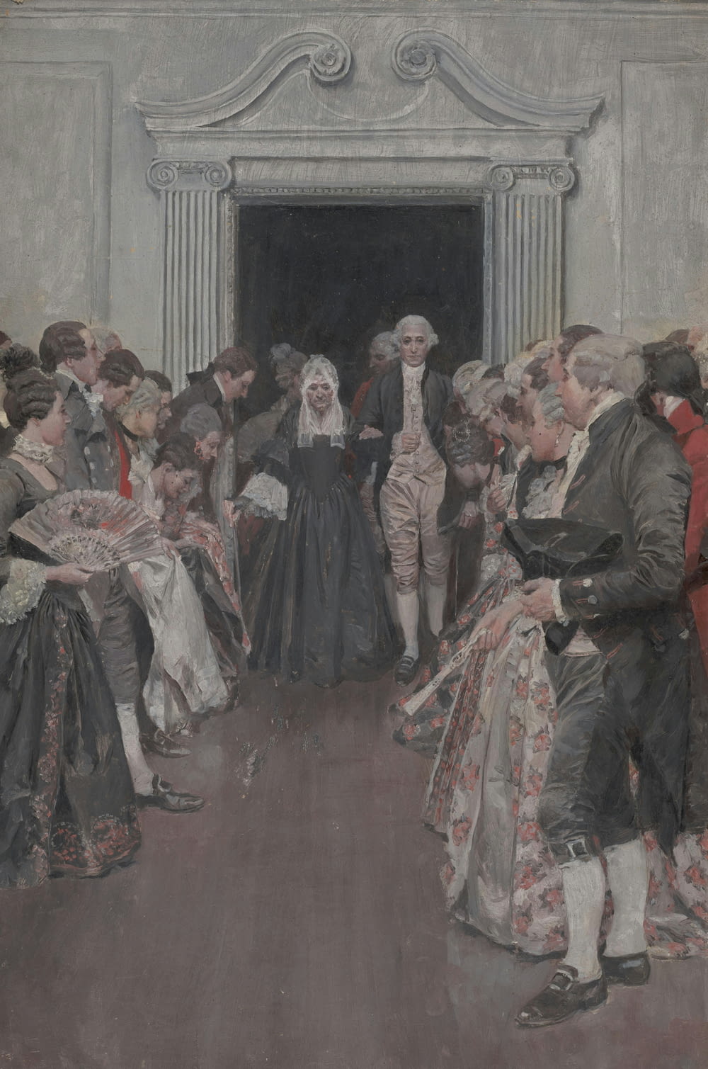 a painting of a group of people standing in front of a doorway