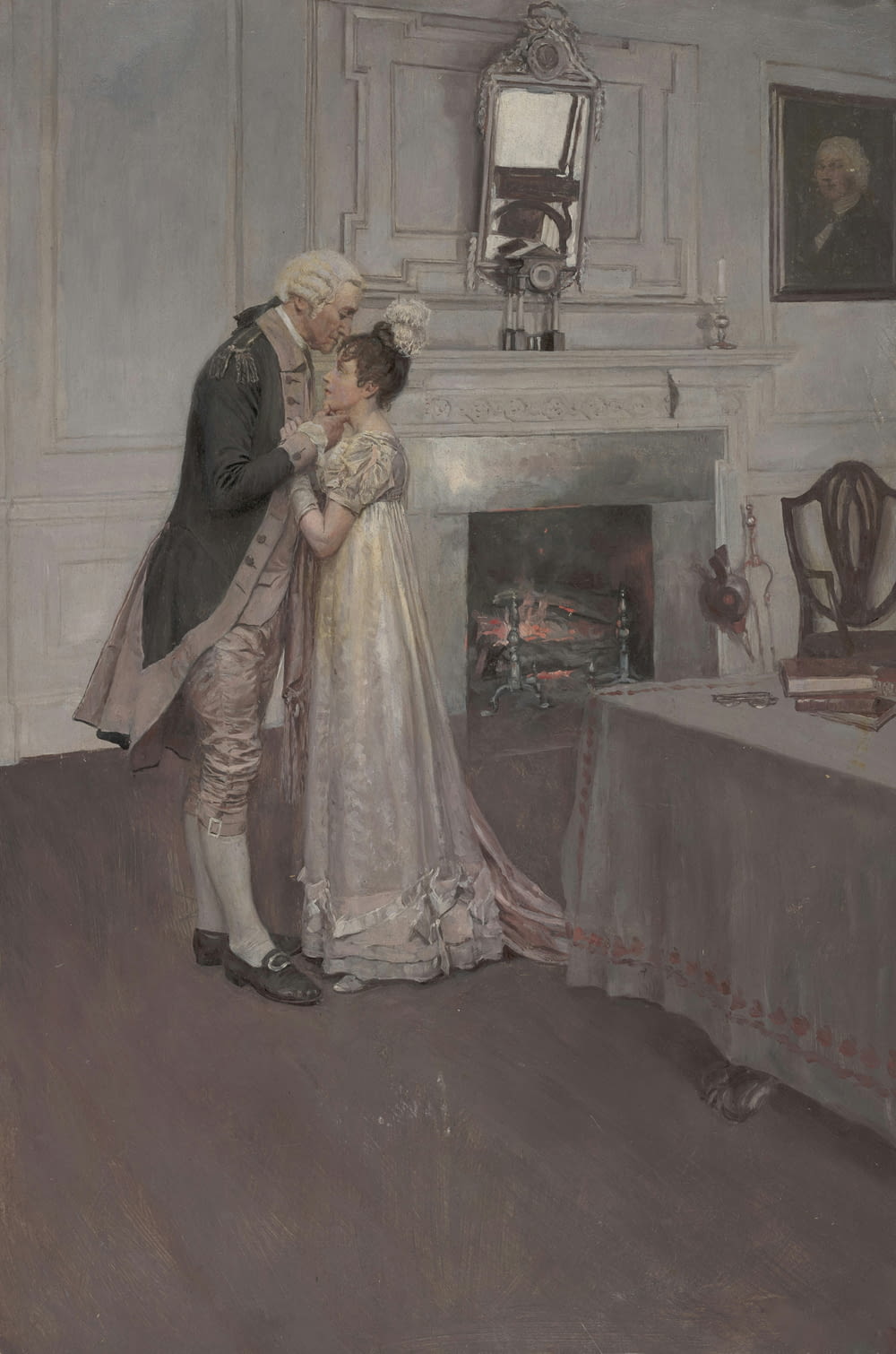 a painting of a man and woman kissing in front of a fireplace