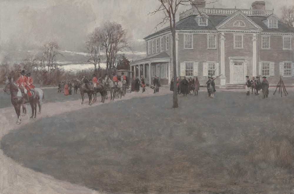 a painting of people riding horses in front of a building