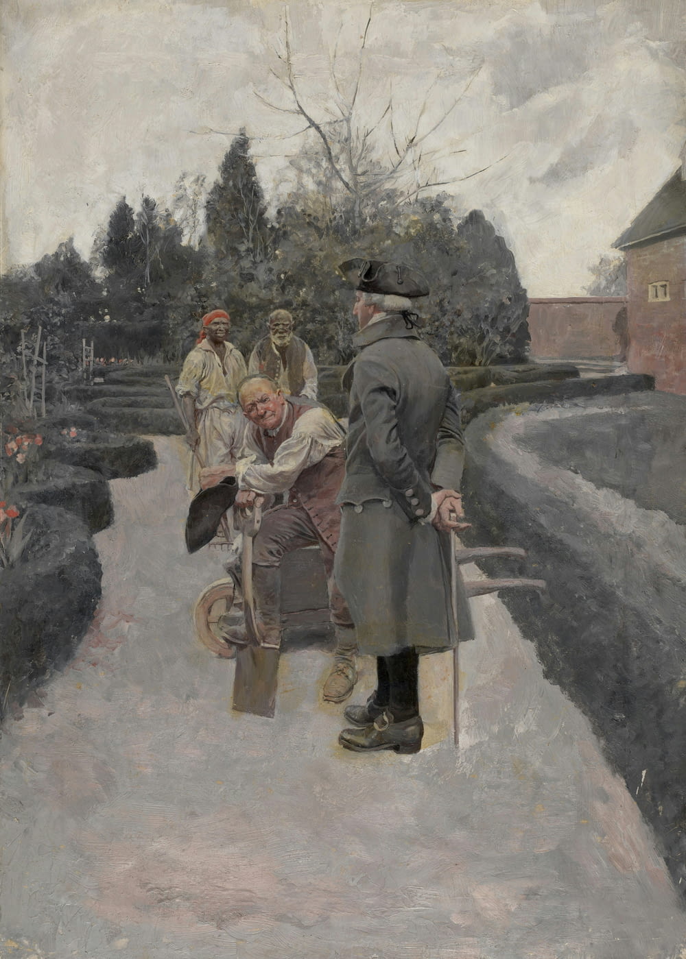 a painting of a group of people standing on a sidewalk