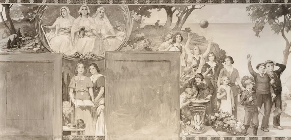 a drawing of a group of people in front of a mural