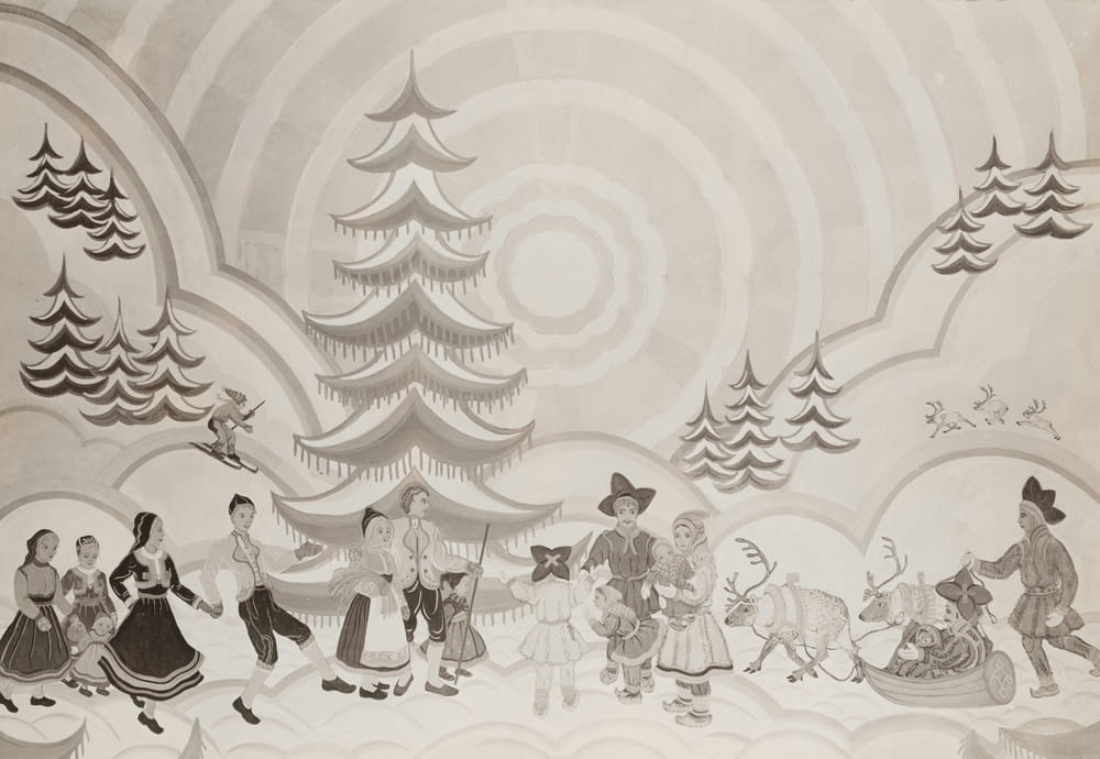 a drawing of a group of people dancing around a christmas tree