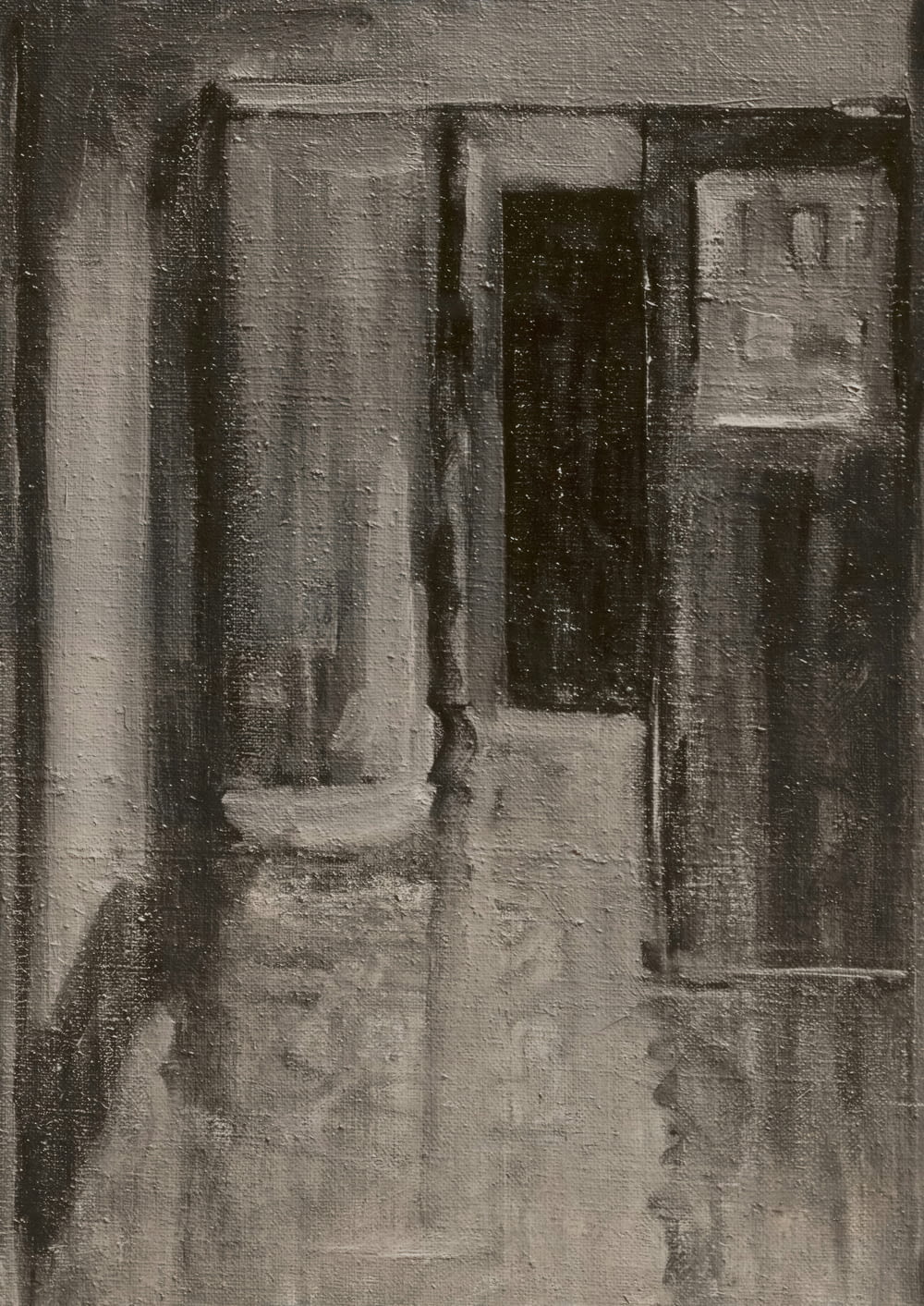a black and white painting of a hallway