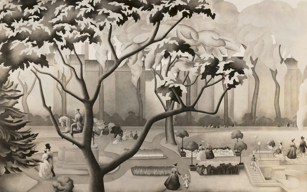 a painting of a park with trees and people