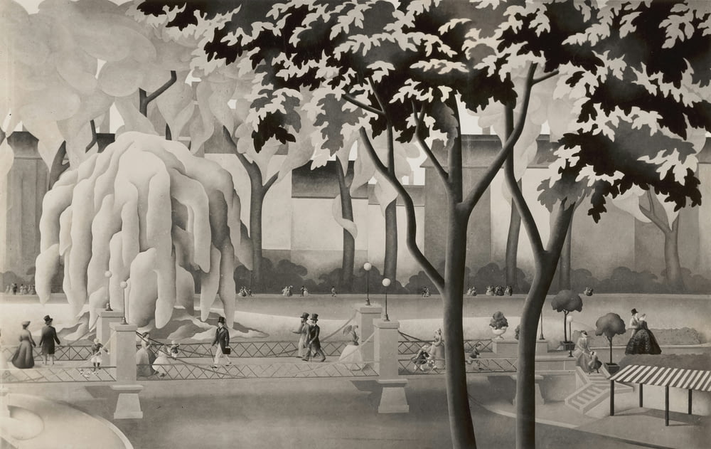 a black and white painting of a city park