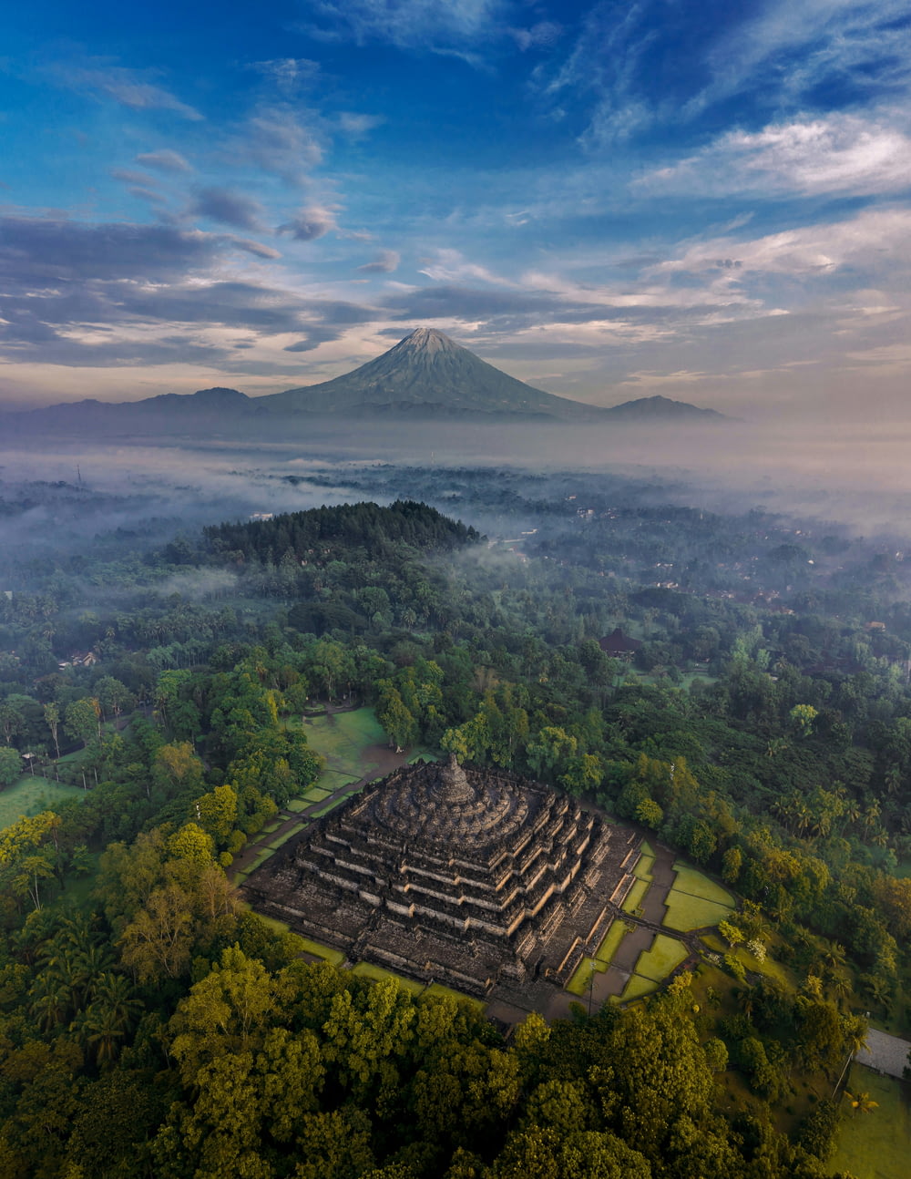 an aerial view of a pyramid in the middle of a forest