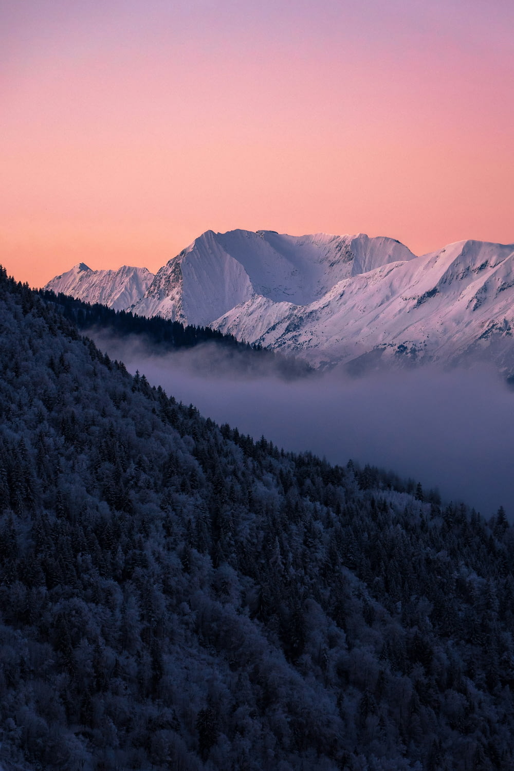 a mountain covered in snow with a pink sky