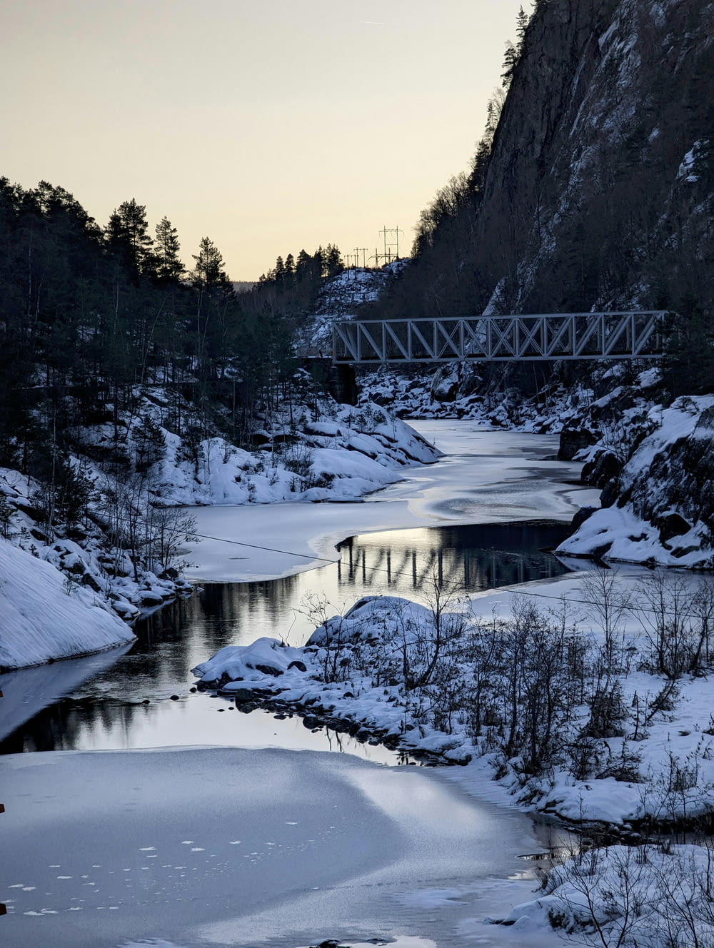 a bridge over a river in the middle of a snowy forest