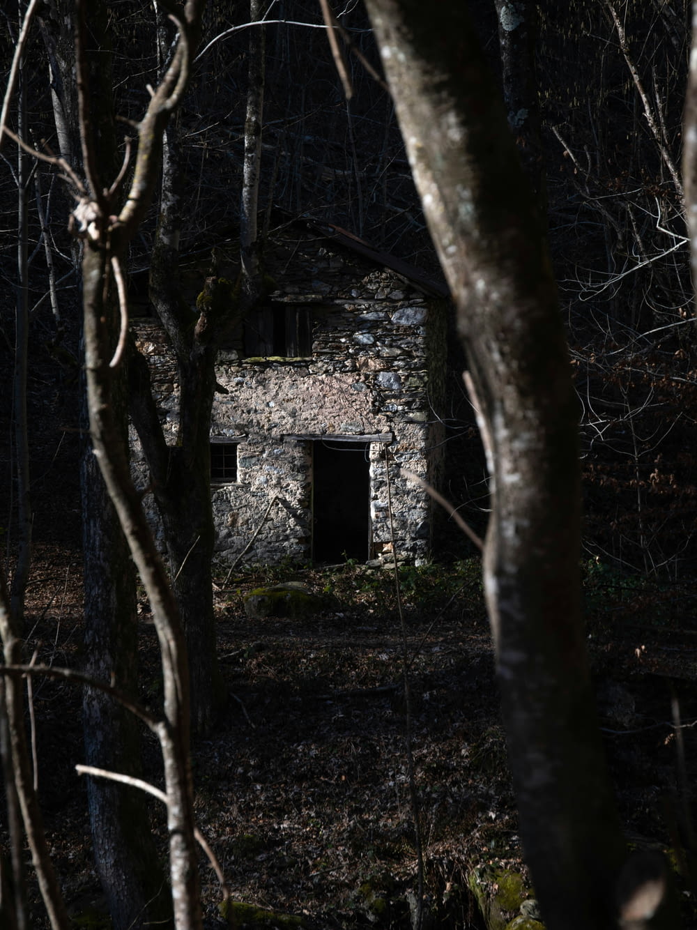a stone building surrounded by trees in the woods