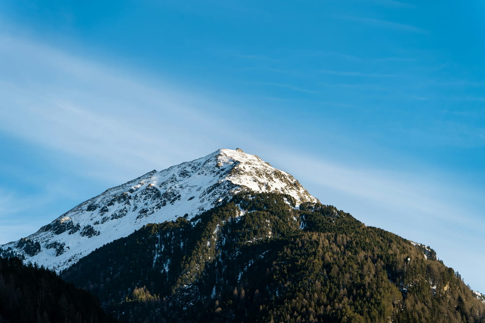 a snow covered mountain in the middle of a blue sky