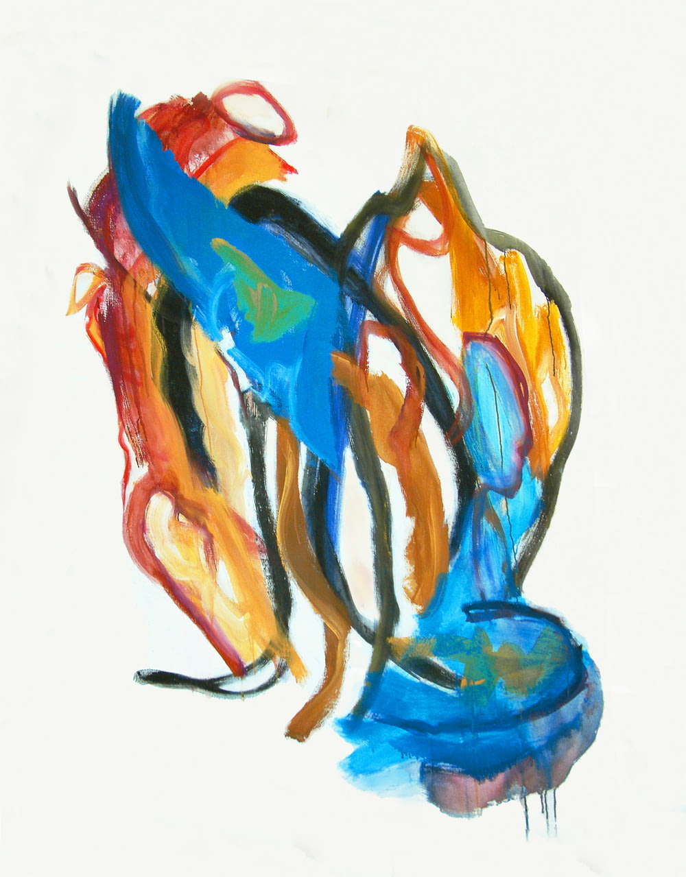 a painting of a blue vase with orange, yellow, and red colors