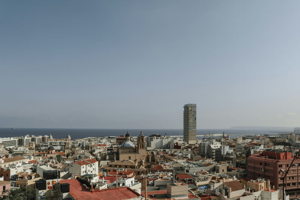a view of a city with tall buildings and the ocean in the background